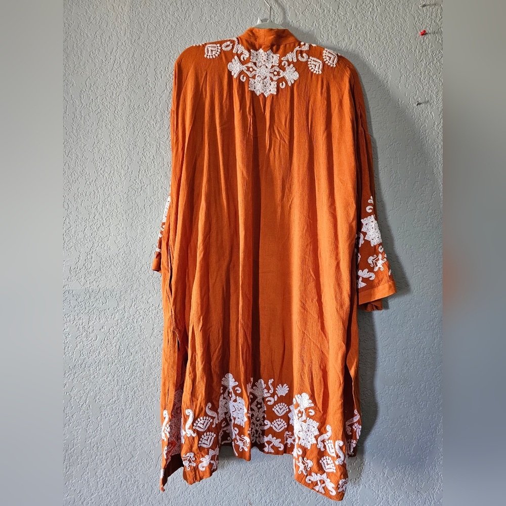 Chico's Burnt Orange Kimono with White Embroidery - Picture 3 of 8